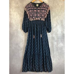 Wrapper Maxi Dress Women Medium Navy Blue Embroidered Tassel Boho Peasant IN2004